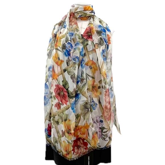 Dolce & Gabbana Floral Printed luxury lightweight silk scarf Shawl Orange Multi - Picture 6 of 9
